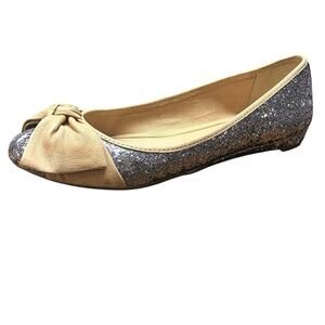 Franco Sarto Glitter Leather Bow Ballet Flats Silver Pewter Women’s Size 8